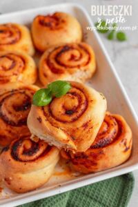Soft butter rolls yeast snails with tomato pesto