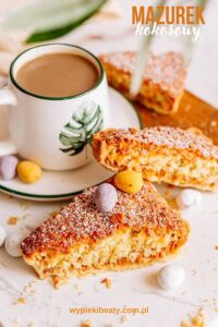 Danish dream cake coconut mazurek on shortcrust pastry
