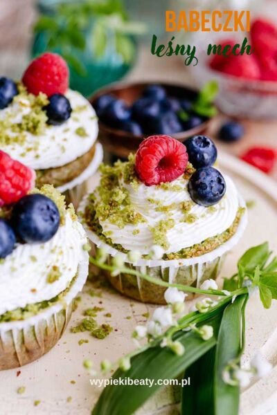 forest moss cupcakes with cream and fruit