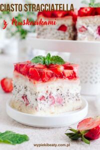 Peach Cream Cake sponge cake with stracciatella cream, strawberries, and jelly