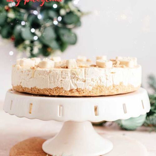 a nobake cheesecake on a white stand