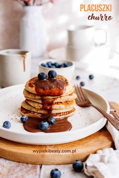 churro pancakes with chocolate sauce