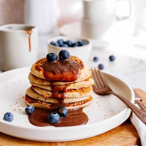 churro pancakes with chocolate sauce