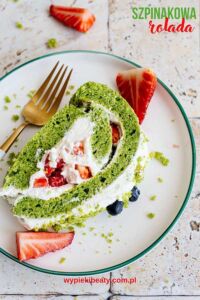 Moist Cinnamon Cake green forest moss roll filled with cream and fresh strawberries