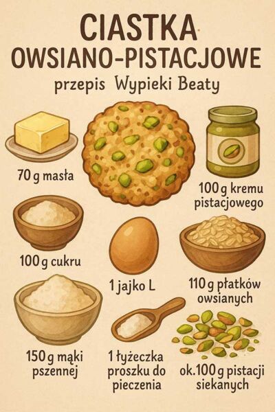 grafika ze składnikami potrzebnymi do przygotowania ciasteczek owsiano-pistacjowych