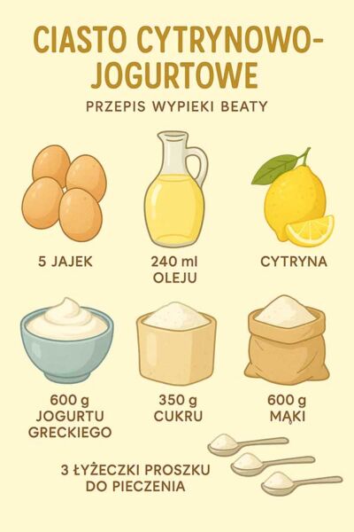  infografika ze składnikami potrzebnymi do przygotowania ciasta 