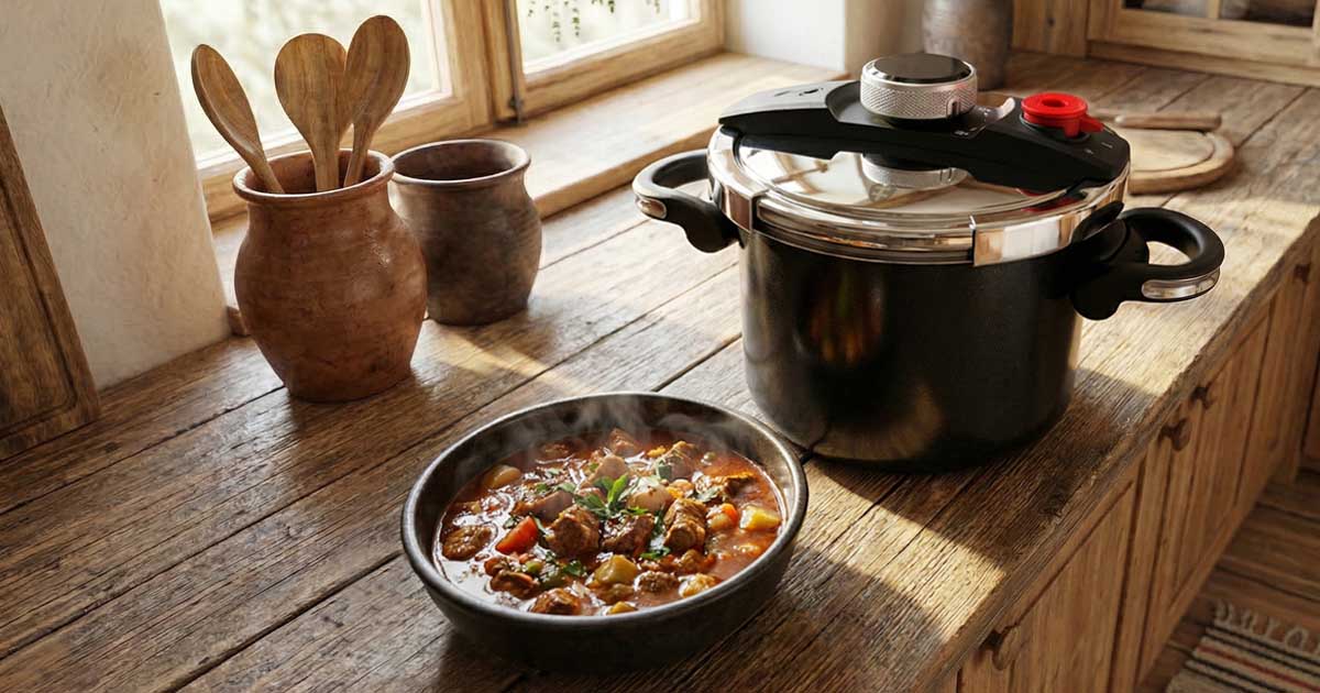 zdrowe gotowanie z garnkiem ciśnieniowy Emalie Stalowy garnek ciśnieniowy Zwieger Emalié pozwalający na szybkie i zdrowe gotowanie