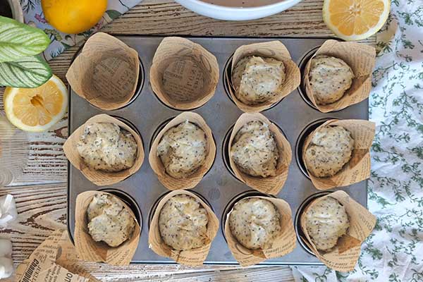 Muffiny z ricottą i chia nakładanie ciasta na muffiny do papilotek